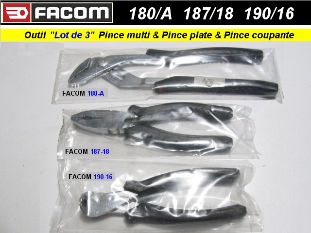 Lot Facom Pinces multiprise 180A Pince plate 187-18 Pince coupante isolée  190-16 